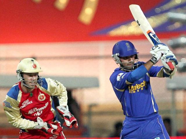 Rajasthan Royals' Ajinkya Rahane plays a shot during the IPL-5 match against Royal Challengers Bangalore at Chinnaswamy stadium in Bengaluru. PTI/Shailendra Bhojak