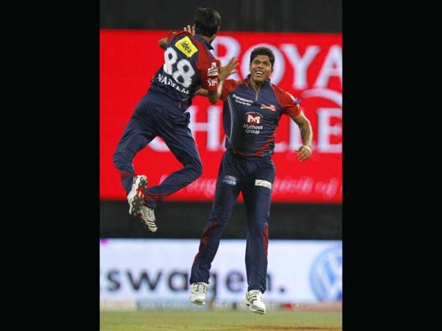 Delhi Daredevils Nadeem and Umesh Yadav celebrate the dismissal of Richard Levi of Mumbai Indians during their IPL 5 match in Mumbai on Monday. PTI Photo/Shirish Shete