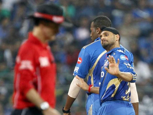 Mumbai Indians captian Harbhajan Singh in action during the IPL T20 match between Mumbai Indians vs Delhi Daredevils at Wankhede Stadium in Mumbai. HT Photo by Sattish Bate