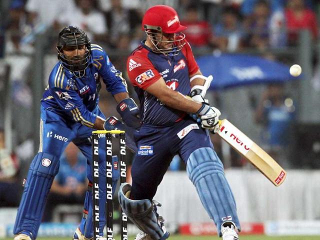 Delhi Daredevils Virender Sehwag plays a shot against Mumbai Indians during their IPL-5 match in Mumbai. PTI Photo/Shirish Shete
