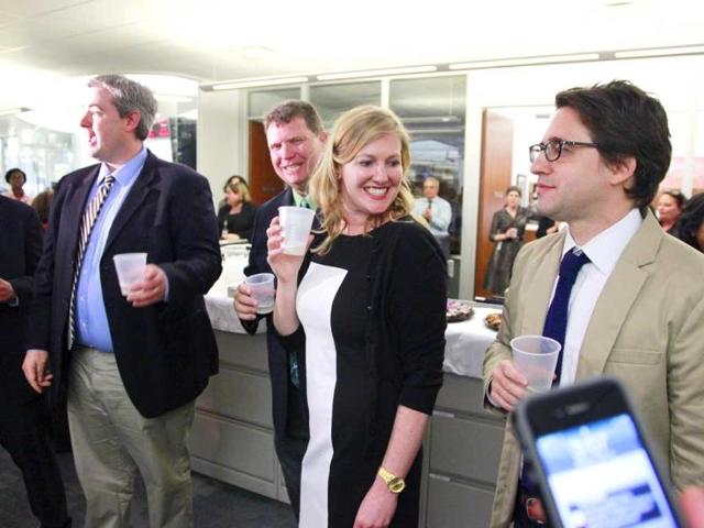 Former Associated Press reporter Chris Hawley, left, joins AP reporters Matt Apuzzo, second from left, Eileen Sullivan, second from right, and Adam Goldman, as they celebrate after being awarded the Pulitzer Prize for Investigative Reporting for revealing a secret NY Police Department program that spied on Muslim neighborhoods. AP/Mark Lennihan