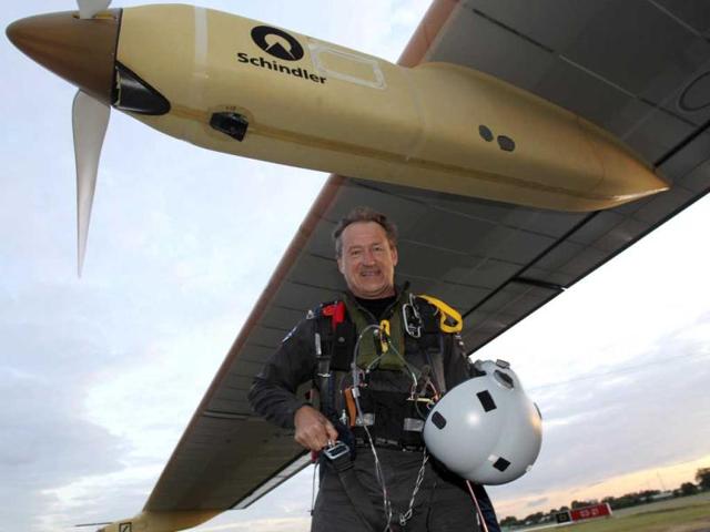 Pilot and CEO of Solar Impulse Andre Borschberg smiles as he poses after landing the Swiss solar-powered airplane at Le Bourget Airport, near Paris, where it will be exhibited at the Paris Air Show, which opens on June 20. Reuters/Michel Euler/Pool