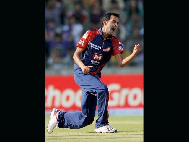 Delhi Daredevils cricketer Shahbaz Nadeem celebrates after taking the wicket of Deccan Chargers batsman Shikhar Dhawan during the IPL-5 match in New Delhi. AFP Photo/Manan Vatsyayana