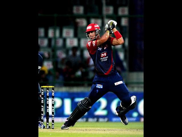 Kevin Pietersen drives during a match between Delhi Daredevils and Deccan Chargers at Ferozshah Kotla Ground in New Delhi. HT PhotoAjay Aggarwal