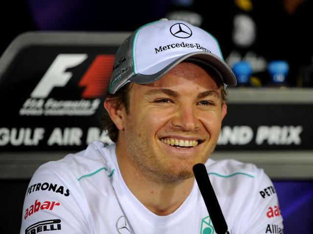 Mercedes' German driver Nico Rosberg laughs during a press conference at the Bahrain international circuit in Manama ahead of the Bahrain Formula One Grand Prix. AFP/Dimitar Dilkoff