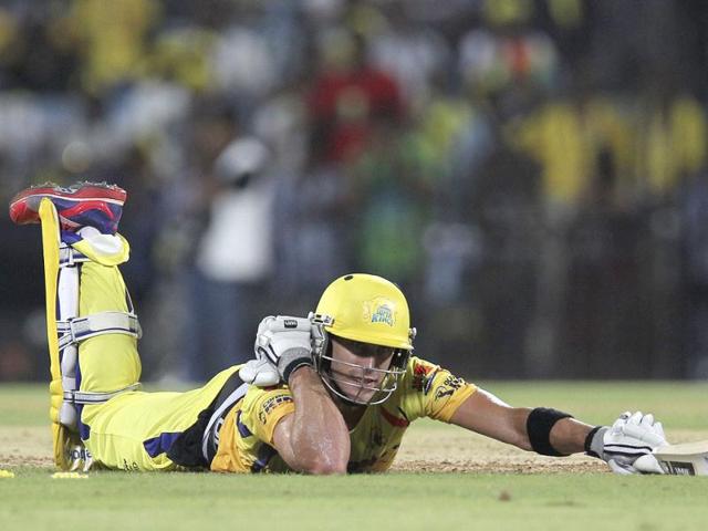 Chennai Super Kings batsman Faf du Plessis attempts to avoid getting run out during the IPL Twenty20 cricket match in Chennai. (AFP Photo/Seshadri Sukumar)