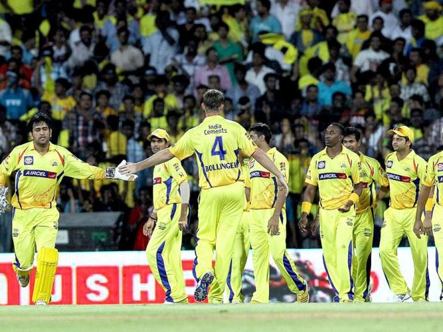 Chennai Super Kings players celebrating the wicket of Pune Warriors' Jesse Ryder during the IPL-5 match in Chennai. (PTI PhotoR Senthil Kumar)