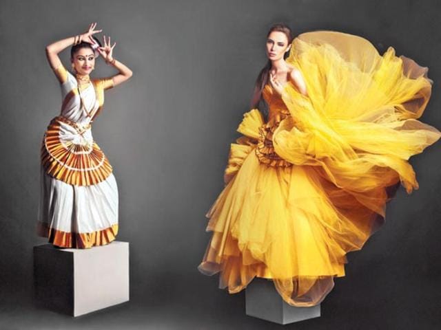 TWO BY TWO: Whether it's the central fanning of the Shantanu & Nikhil gown that matches Anjali's Mohiniattam costume, the ode to gold in its colour shades, or the quiet volume of its folds, the inadvertent inspiration is evident.