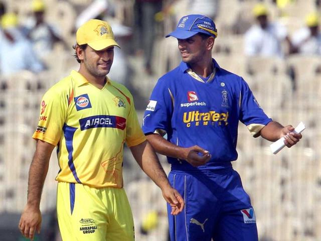 Rajasthan Royals' Rahul Dravid and Chennai Super Kings MS Dhoni during the IPL-5 match at MAC stadium in Chennai. (PTI Photo/R Senthil Kumar)