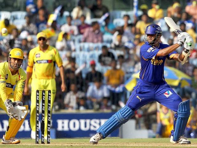 Rajasthan Royals' Rahul Dravid plays a shot during the IPL-5 match against Chennai Super Kings in Chennai. (PTI Photo/R Senthil Kumar)