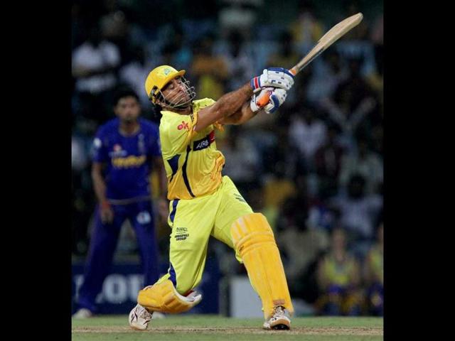Chennai Super Kings' MS Dhoni plays a shot during the IPL-5 match against Rajasthan Royals at MAC stadium in Chennai. (PTI Photo/R Senthil Kumar)