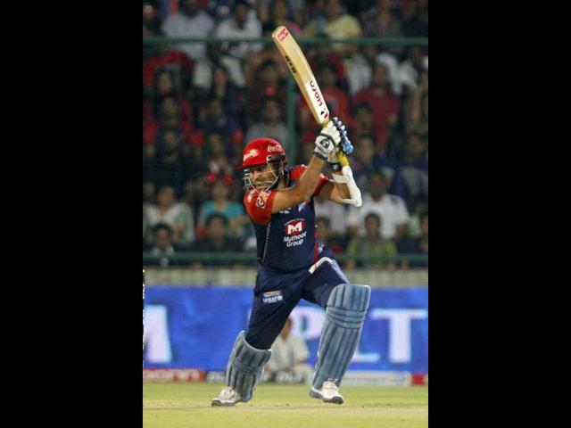 Delhi Daredevils Virender Sehwag plays a shot during IPL 5 match played in New Delhi. HT Photo/Vipin Kumar