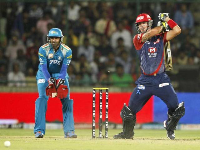 Delhi Daredevils' Kevin Pietersen plays a shot during their Indian Premier League match against Pune Warriors in New Delhi. (AP Photo)