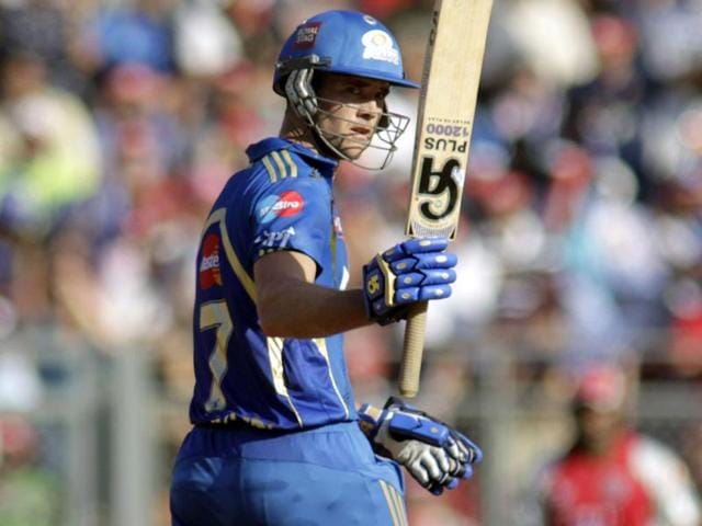 Mumbai Indians batsman James Franklin celebrates after scoring fifty during their IPL cricket match against Kings XI Punjab in Mumbai. (AP Photo/ Rajanish Kakade)