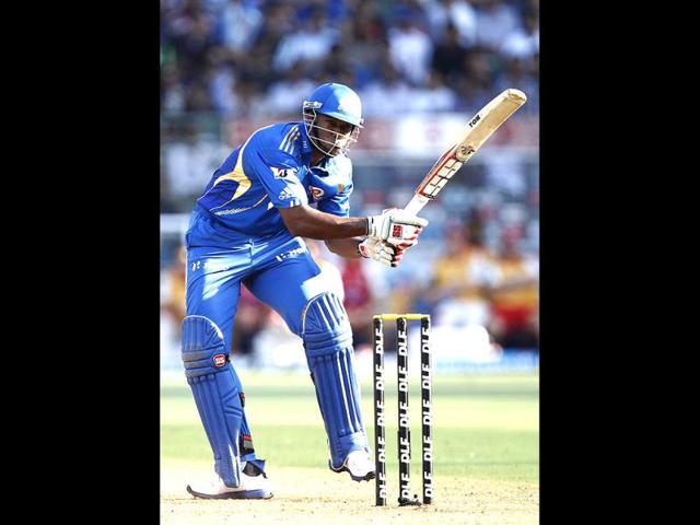 Mumbai Indian player Kieron Pollard plays a shot during the match between Kings XI Punjab and Mumbai Indian at Wankhede Stadium, Mumbai. (HT PhotoKunal Patil)