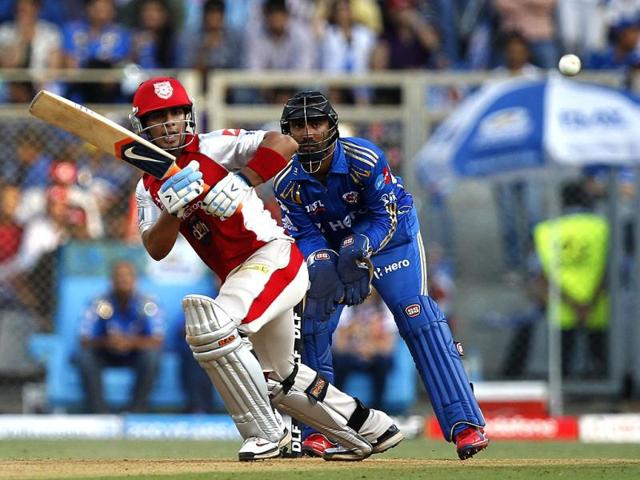 Kings XI Punjab player Mandeep Singh plays a shot during the match between Kings XI Punjab and Mumbai Indian at Wankhede Stadium. (HT PhotoKunal Patil)