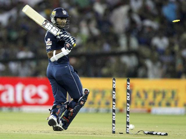 Kumar Sangakkara bowled by Lakshmipathy Balaji at Barabati Stadium. (HT PhotoAshok Nath Dey)