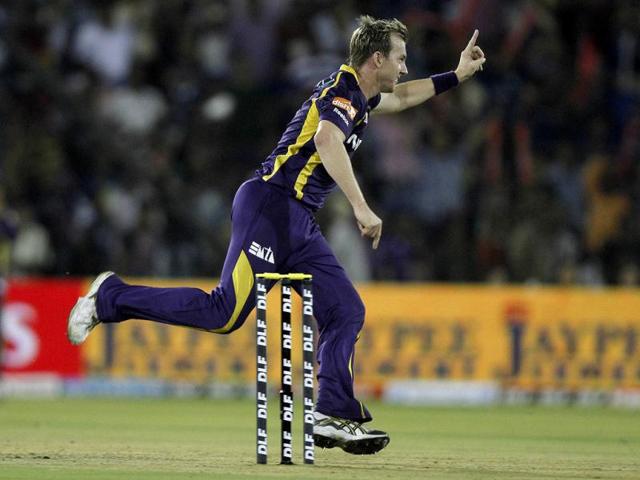 Brett Lee reacts taking Cameron White's wicket during the IPL match against Deccan Chargers at Barbati Stadium in Cuttack. (HT PhotoAshok Nath Dey)