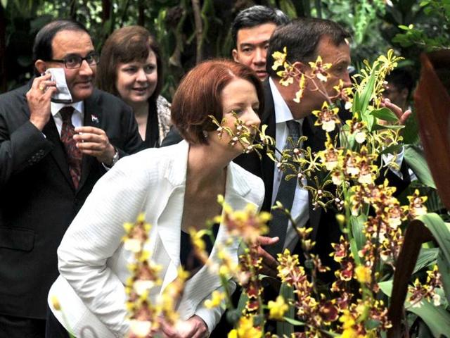 Australian Prime Minister Julia Gillard smells orchids named after her Dendrobium Julia Gillard during their visit at the National Orchid Garden in Singapore. AFP Photo/Roslan Rahman