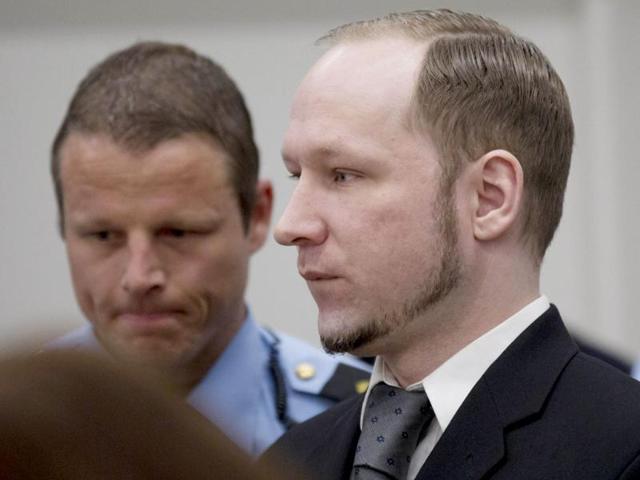 Right-wing extremist Anders Behring Breivik arrives in room 250 of the central court in Oslo. AFP Photo/Daniel Sannum Lauten