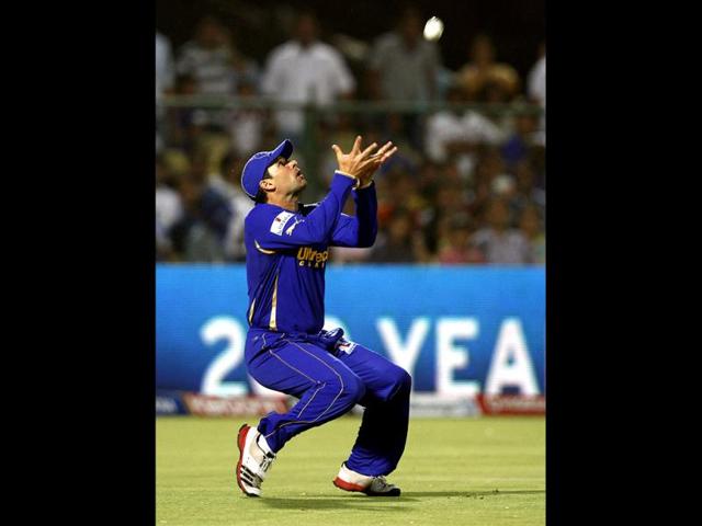 Rajasthan Royals player Brad Hodge takes a catch during IPL5 cricket match between Rajasthan Royals and Royal Challengers Bangalore at the Sawai Mansingh Stadium in Jaipur. HT PhotoSanjeev Verma