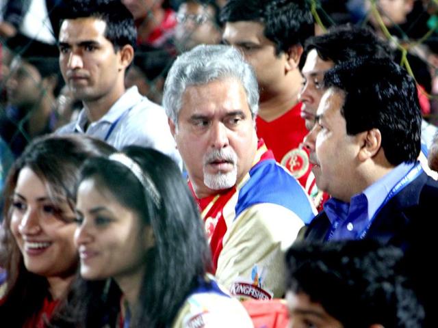 IPL chairman Rajiv Shukla and Royal Challengers Bangalore owner Vijay Mallya interacting during the IPL match at the Sawai Mansingh Stadium in Jaipur.