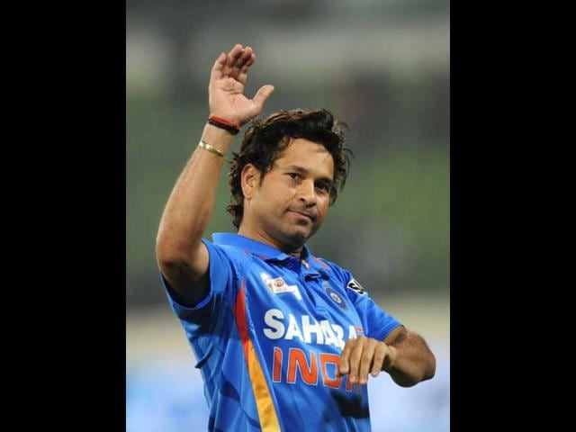 (File) Sachin Tendulkar gestures after India's win at the one day international Asia Cup cricket match against Pakistan at the Sher-e-Bangla National Cricket Stadium in Dhaka. AFP/Munir uz Zaman