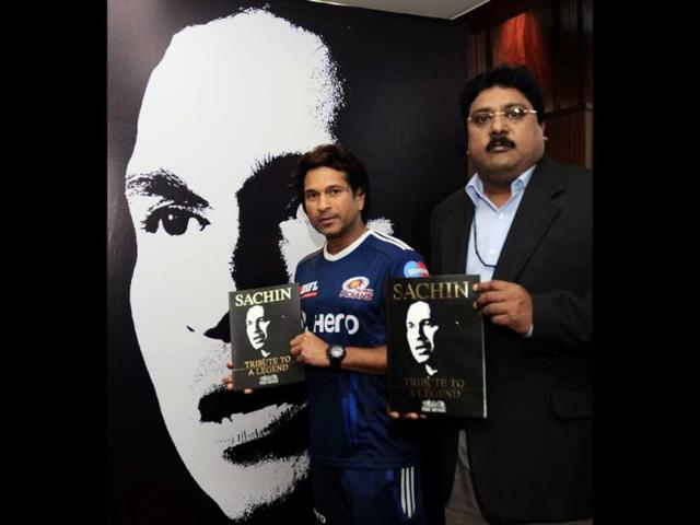 Cricket legend Sachin Tendulkar releasing a book published by The Hindu to commemorate his 100 centuries at a function in Chandigarh.