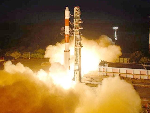 PSLV-C19 carrying India's First Radar Imaging Satellite (RISAT-1) lifts-off from Satish Space Centre, in Sriharikota. (Agencies)