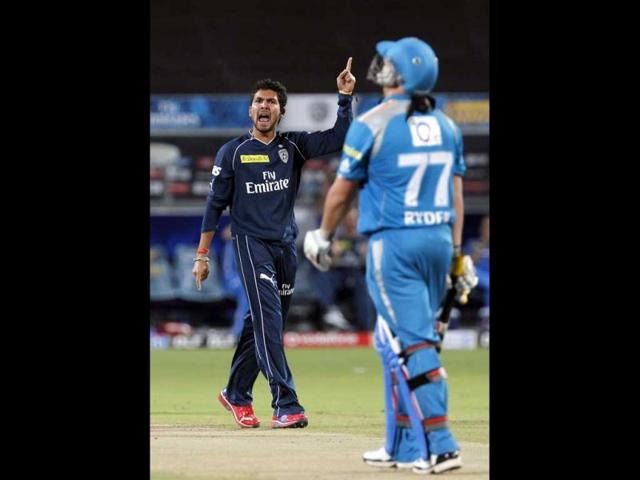 Deccan Chargers bowler Ankit Sharma celebrates the wicket of Pune Warriors India batsman Jesse Ryder during their IPL match in Pune. HT Photo/Santosh Harhare