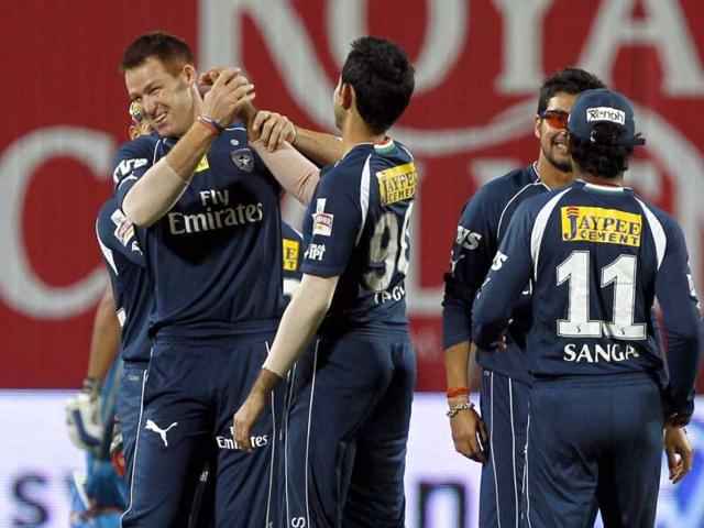 Deccan Chargers bowler Juan Theron celebrates the wicket of Pune Warriors India batsman Manish Pandey during their IPL match in Pune. HT Photo/Santosh Harhare