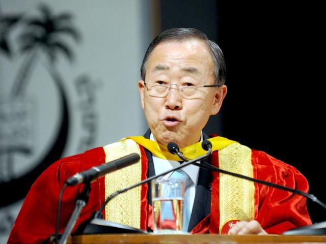 Ban Ki-moon delivers his address after receiving the honourary Doctor of Letters (Honoris Causa) at Jamia Millia Islamia University in New Delhi. AFP/Raveendran