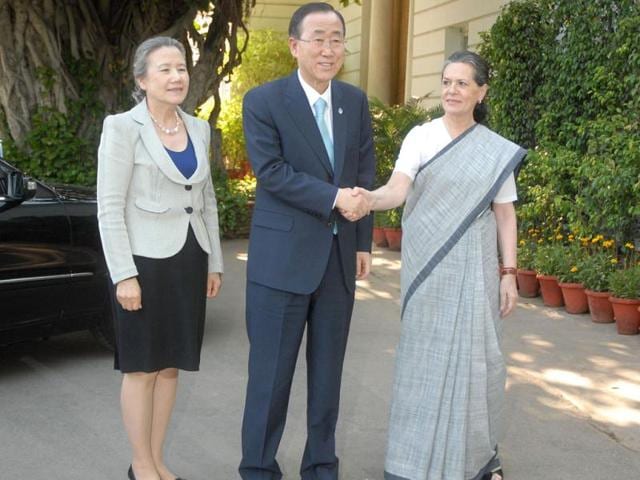 Ban and his wife Yoo Soon-taek are received by UPA chairperson Sonia Gandhi for a meeting at her residence 10 Janpath. UNI