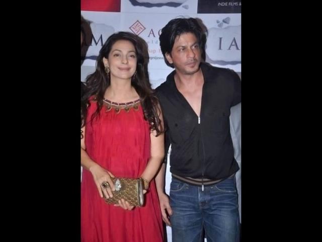 Juhi Chawla looks pretty in a red dress.