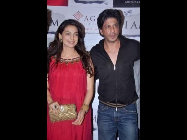 Bollywood actors Juhi Chawla and Shah Rukh Khan attend the success party of National Award winning film I AM in Mumbai on April 26.