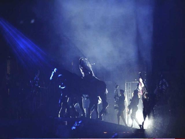 US pop star Lady Gaga on a horse performs during her concert in Seoul, South Korea. AP/Hyundai Card