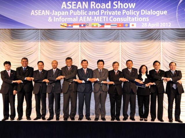 Economic ministers of the Association of Southeast Asian Nations (Asean) pose in a photo session during the Asean Road Show informal AEM-METI consultations in Tokyo. AFP/Toshifumi Kitamura