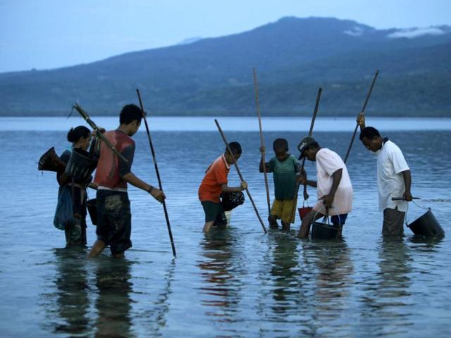 Villagers spear fish near Larantuka beach, on Indonesia's Flores island. Reuters/Beawiharta