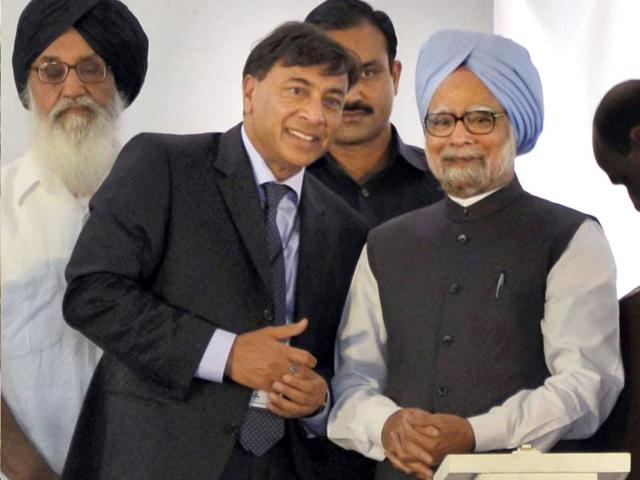 Prime Minister Manmohan Singh is seen with industrialist Laxmi Mittal after dedicating Guru Gobind Singh Refinery, a joint project by HPCL and Mittal Energy Ltd, to the nation, in Bhatinda. PTI