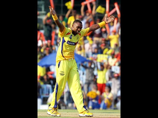 Chennai Super Kings' Darren Bravo celebrates after taking the wicket of Kings XI Punjab's Azhar Mahmood during the IPL-5 match at MAC Stadium in Chennai. PTI/R Senthil Kumar
