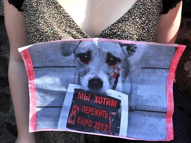 A Ukrainian animal-rights activist has a poster with the slogan 'We want to outlive Euro 2012' during a rally in front of the cabinet of the ministers building in Kiev. Protesters demanded an end to the killing of stray dogs by communal services as part of preparations for the Euro 2012 football championships. AFP/Sergei Supinsky