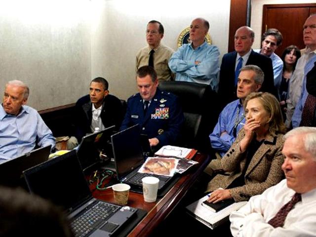 This official White House photo shows US President Barack Obama, US Vice President Joe Biden, US Secretray of Defense Robert Gates, and US Secretary of State Hillary Clinton with members of the national security team as they receive an update on the mission against Osama bin Laden in the Situation Room of the White House, in Washington, DC. (AFP Photo)