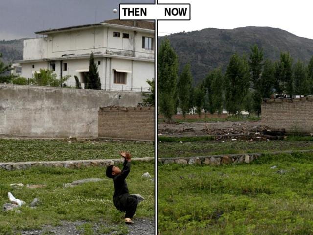 A combo picture shows the site where Osama bin Laden's house stood, before and after demolition.