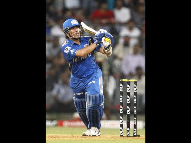 Mumbai Indians player Sachin Tendulkar plays a shot during the match against Deccan Chargers at Wankhede Stadium. HT/Kunal Patil