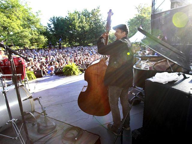 Bassist Roland Guerin performs at a sunrise concert marking International Jazz Day in New Orleans. AP Photo/Gerald Herbert