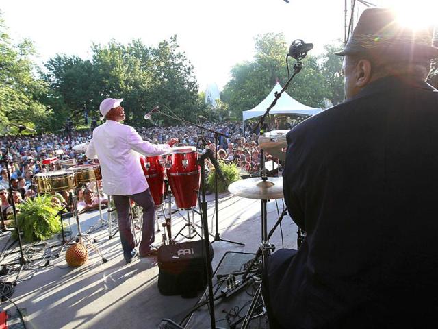 Percussionist Bill Summers (L) and drummer Jeff Tain Watts perform at a sunrise concert marking International Jazz Day in New Orleans. AP Photo/Gerald Herbert