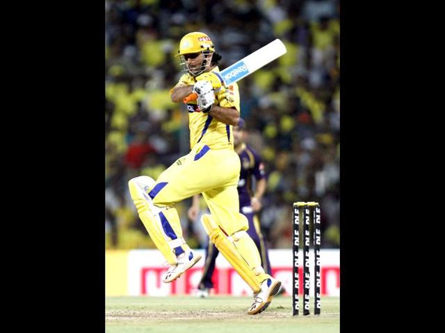 MS Dhoni, captain of Chennai Super Kings, plays a shot during the IPL Twenty 20 cricket match against Kolkata Knight Riders at MA Chidambaram Stadium, Chennai. HT/Gurpreet Singh