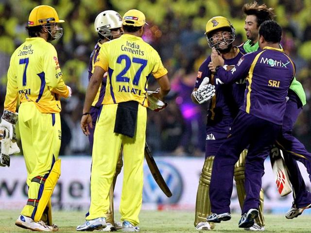Kolkata Knight Riders players celebrate after winning the IPL5 match against Chennai Super Kings in Chennai. PTI/R Senthil Kumar