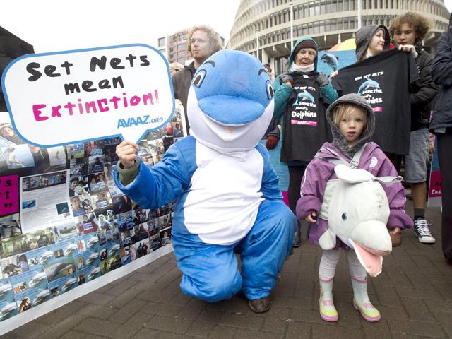 Campaigners dressed as dolphins attend a protest to protect the critically endangered Maui's dolphin, in front of Parliament House in Wellington. The campaigners called on their Prime Minister John Key to protect the critically endangered Maui's dolphin, one of which was found dead on April 29 taking population estimates down to 54 individuals in the world. AFP/ Marty Melville