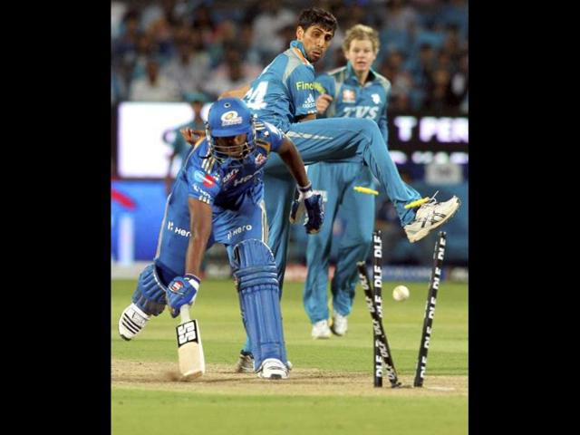Mumbai Indians T Periera gets run out during the match between Mumbai Indians and Pune Warriors in Pune. PTI Photo/Shirish Shete